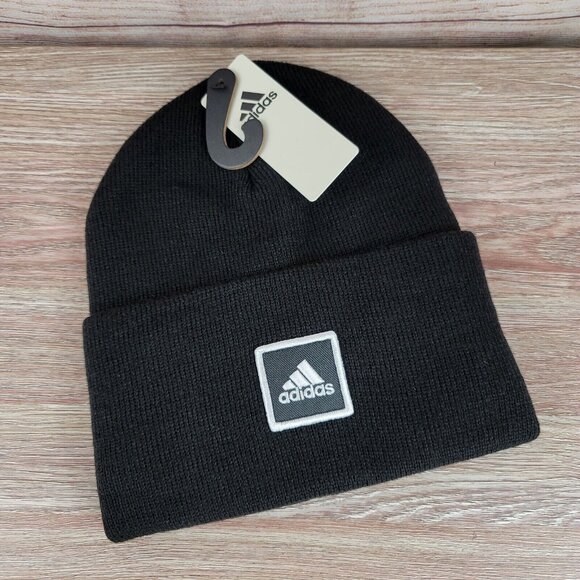 NEW Adidas Wide Cuff Fold Beanie Men's One Size Knit Cuffed Hat Black Cap Winter - Picture 1 of 4